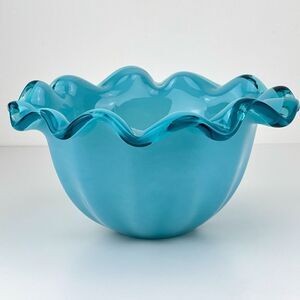 Vintage Turquoise Blue Murano Glass Scalloped Decorative Bowl Vase